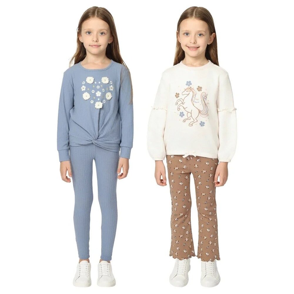 KHQ Kids' 4-piece Playwear Set Girls Two Tops Two Pants Sz 6 Flowers Unicorn